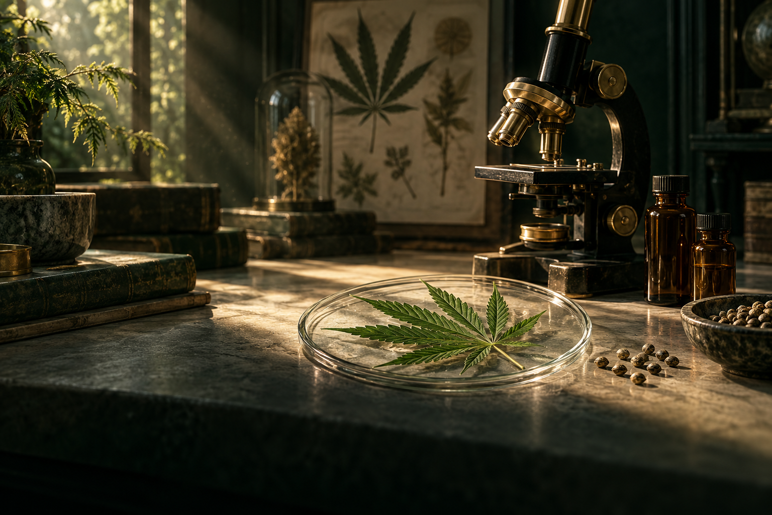 Conceptual botanical laboratory with a cannabis leaf, seeds and optical microscope in warm light